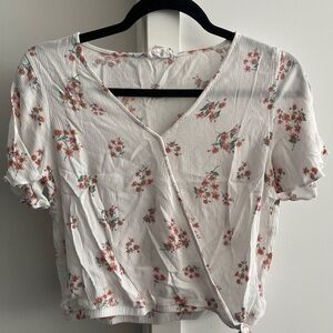Pink Rose Floral Blouse - White with Red and Green Accents